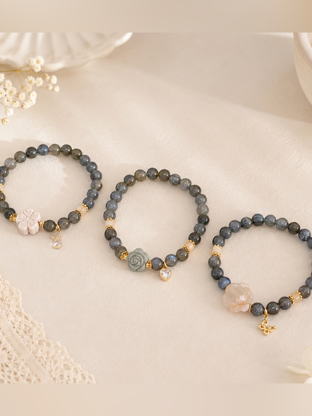 Handmade high quality Gray Moonstone Bracelet | Flower Charm Options 7.5mm